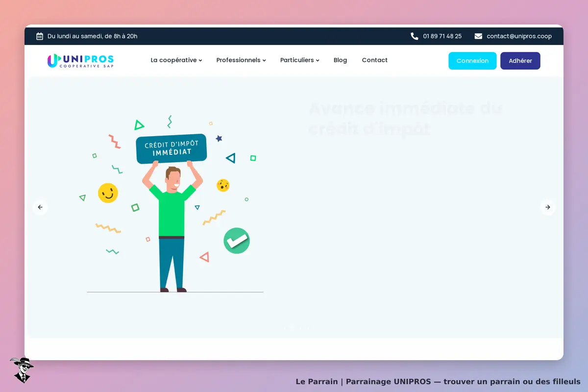 UNIPROS : page d'accueil avec un personnage tenant un panneau "crédit d'impôt immédiat"