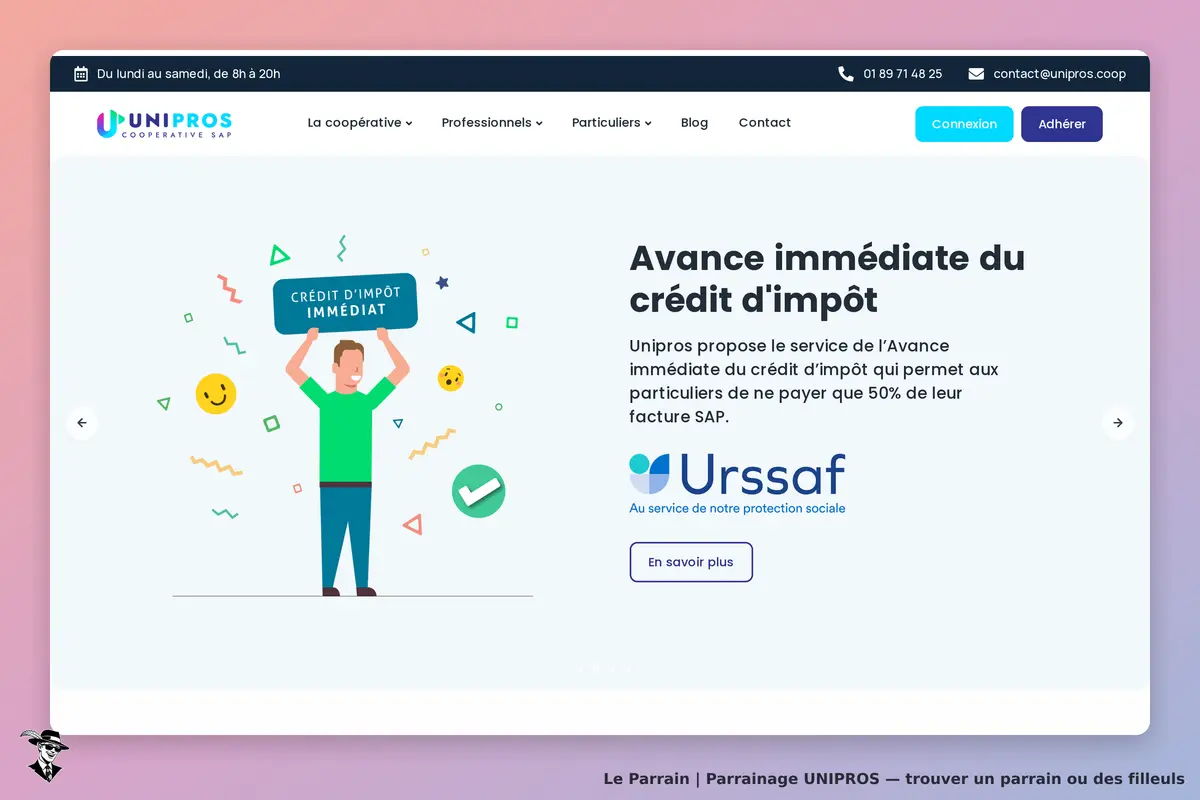 UNIPROS : page d'accueil avec un personnage tenant une pancarte « Crédit d'impôt immédiat »