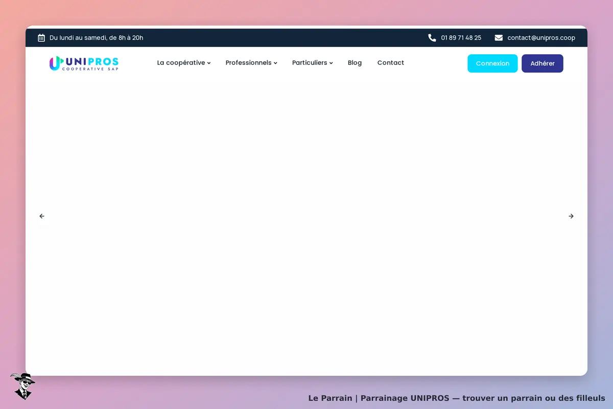 UNIPROS : page d'accueil avec menu, logo et informations de contact en haut de l'écran