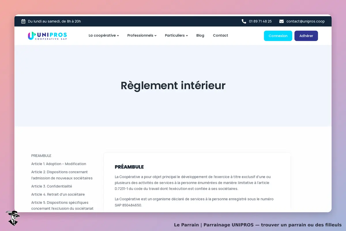 UNIPROS : page affichant le règlement intérieur et des articles de la coopérative