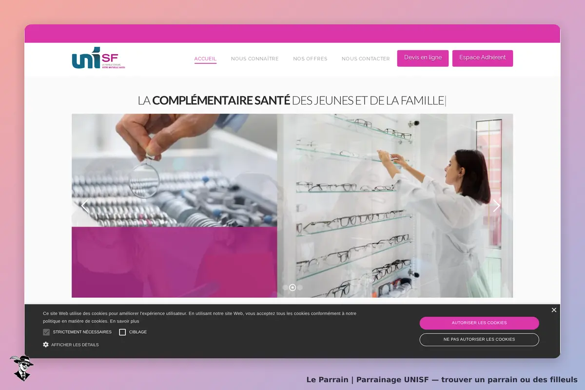 UNISF : page d'accueil avec des lunettes et une personne en train de les organiser