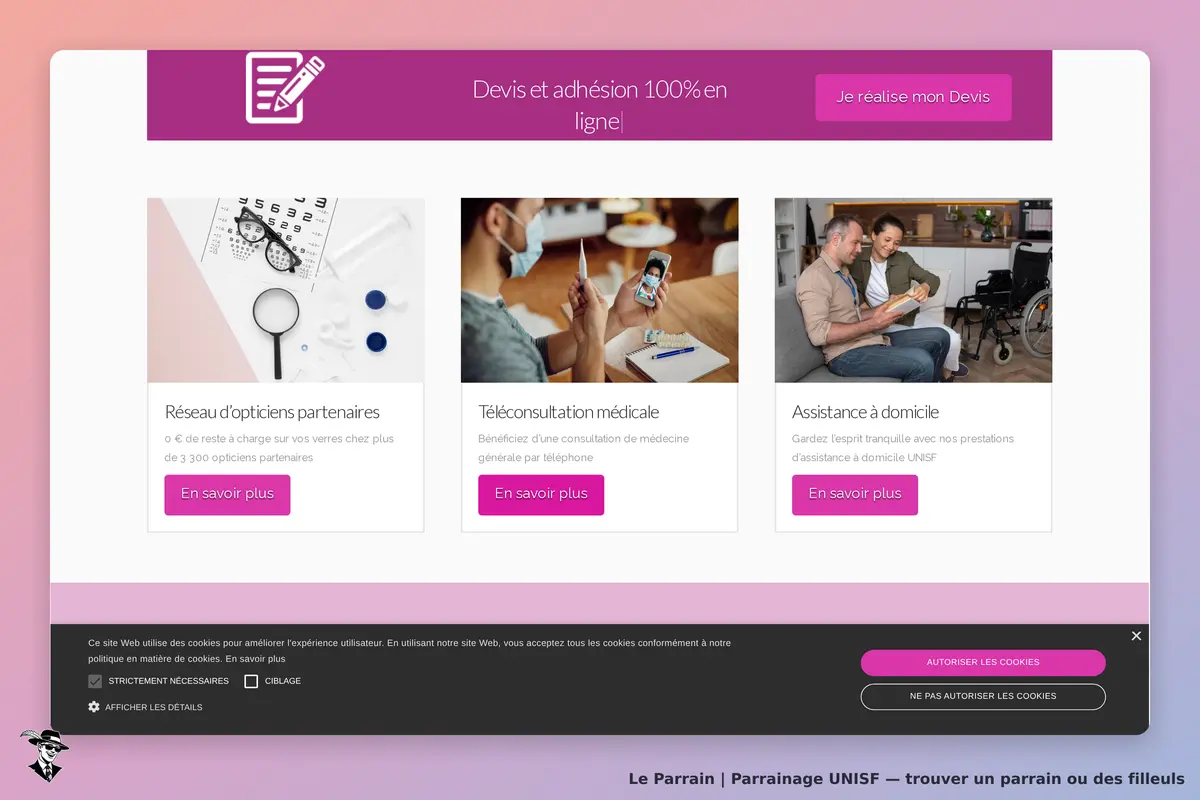 UNISF : page d'accueil avec trois services et un bouton pour réaliser un devis en ligne