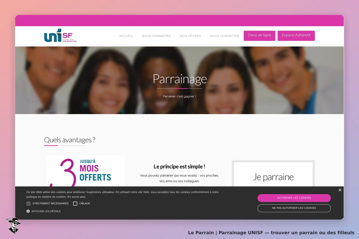 UNISF : page d'accueil avec le titre "Parrainage" et des images de personnes souriantes
