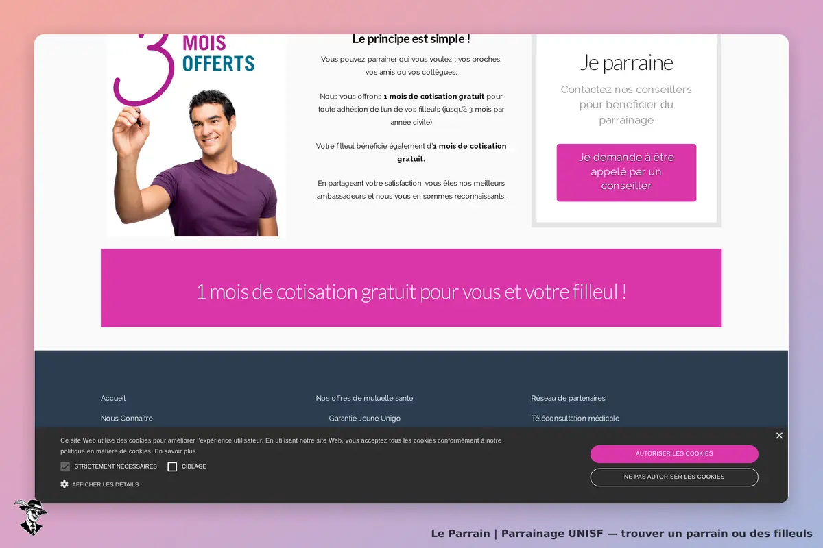 UNISF : page d'accueil avec un homme souriant et un message sur le parrainage et les cotisations