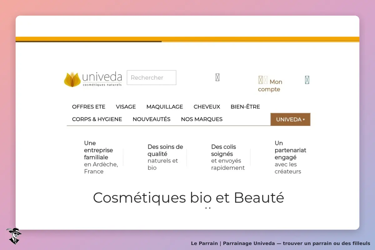 Univeda : page d'accueil avec menu et description de cosmétiques bio et naturels