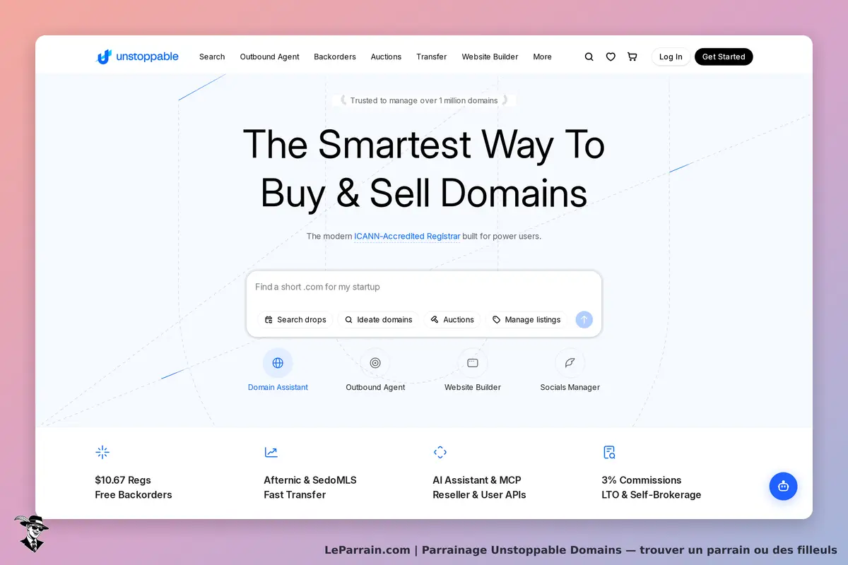 Unstoppable Domains : page d'accueil avec un champ de recherche et des options de services