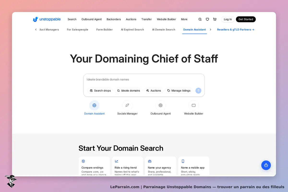 Unstoppable Domains : page d'accueil avec outils pour la recherche de noms de domaine et assistance