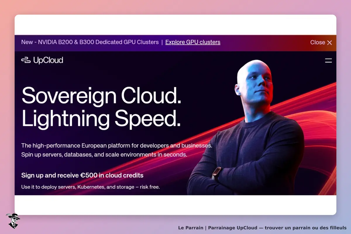 UpCloud : page d'accueil présentant des services cloud avec un homme en arrière-plan coloré