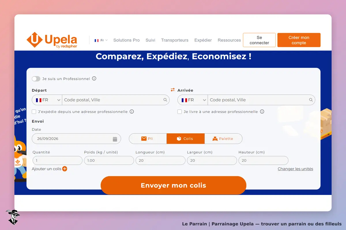 Upela : formulaire d'envoi avec options de départ, arrivée et spécifications du colis