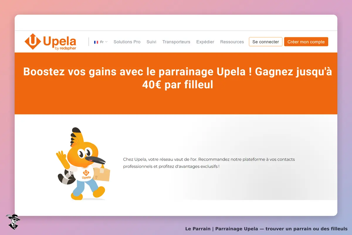 Upela : page d'accueil avec un personnage mascotte et un message sur le parrainage