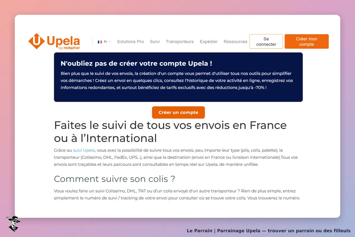 Upela : page d'accueil présentant le suivi des envois en France et à l'international