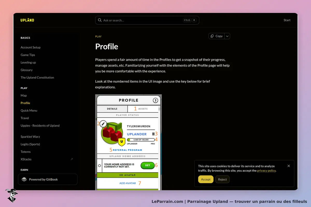 Upland : page de profil affichant des informations sur le joueur et ses actifs