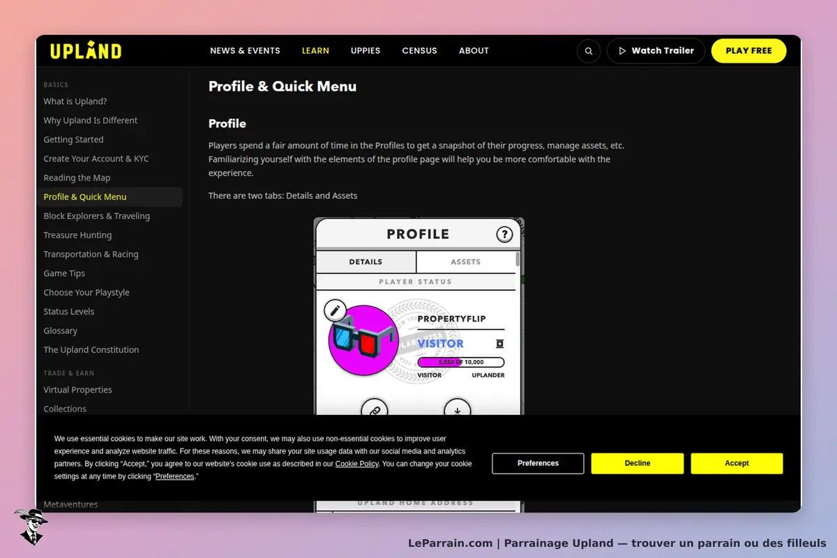 Upland : page de profil avec onglets "Détails" et "Actifs", affichant le statut du joueur
