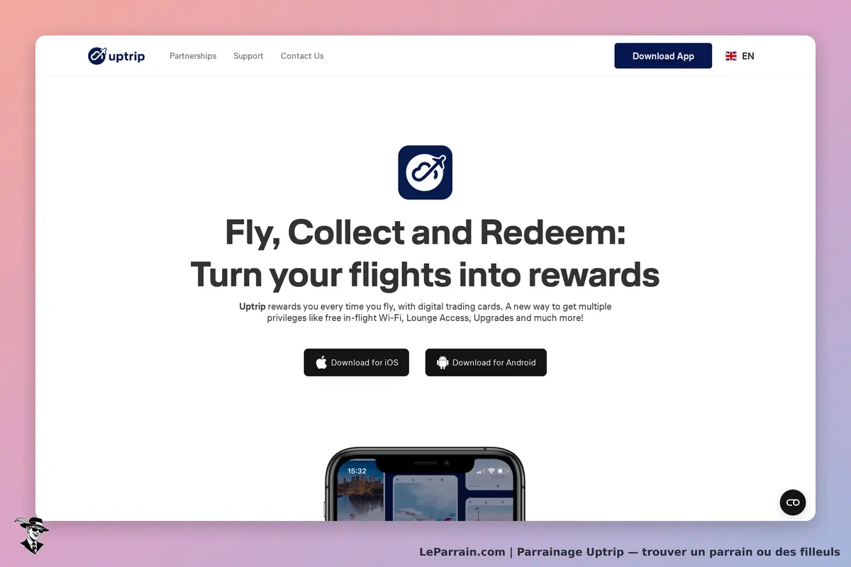 Uptrip : page d'accueil avec slogan et options de téléchargement pour iOS et Android