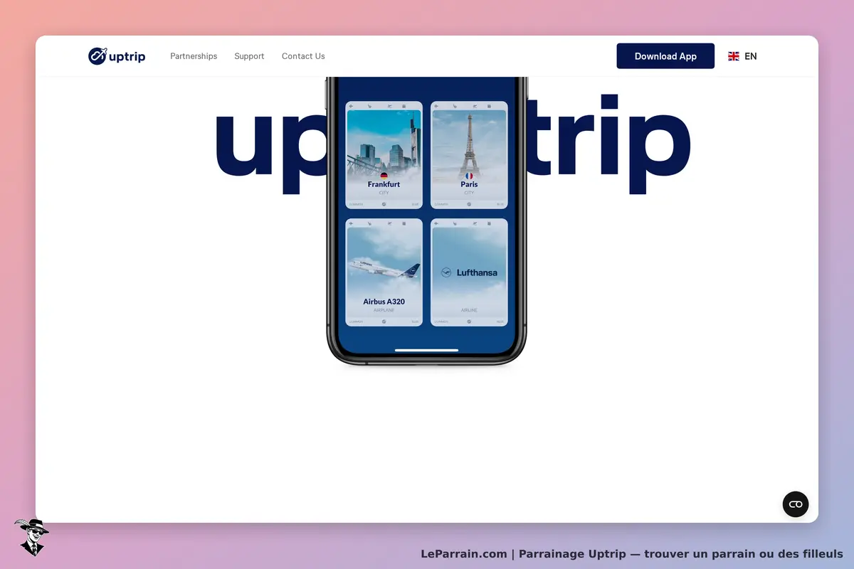 Uptrip : page d'accueil avec un smartphone affichant des destinations et compagnies aériennes