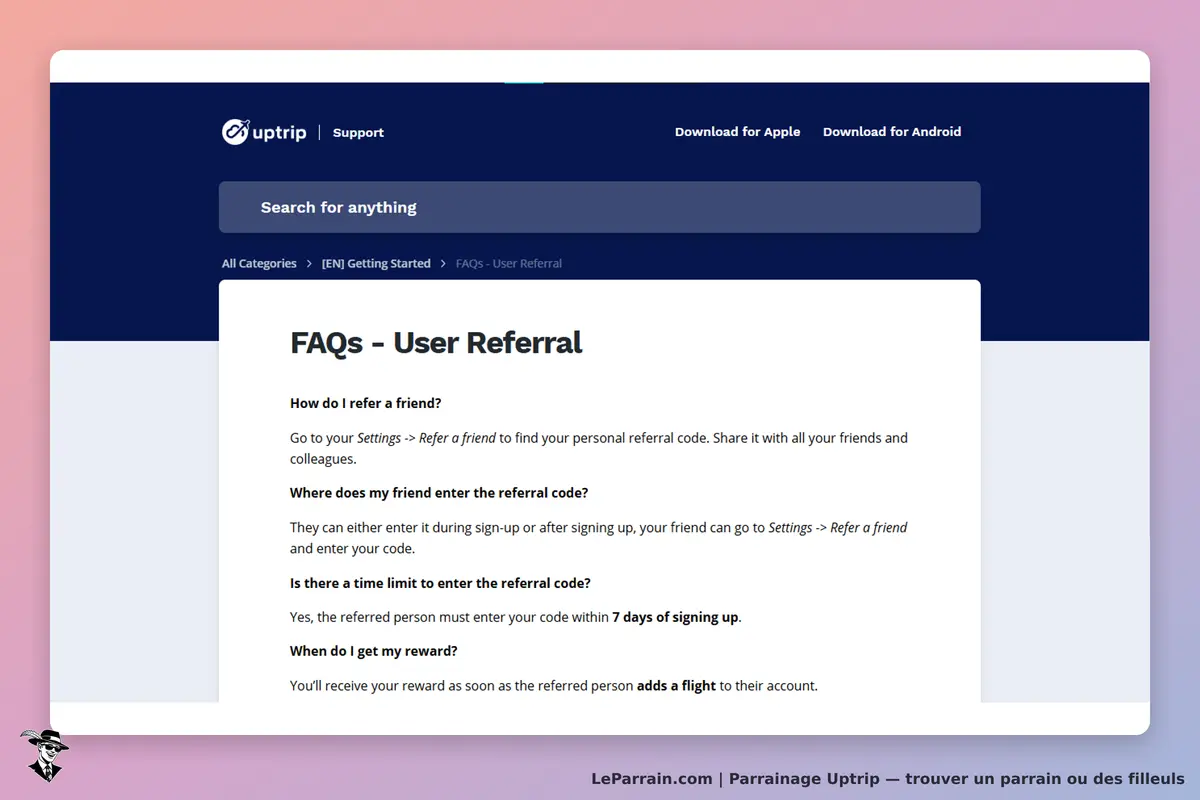 Uptrip : page FAQ sur le parrainage avec plusieurs questions et réponses affichées