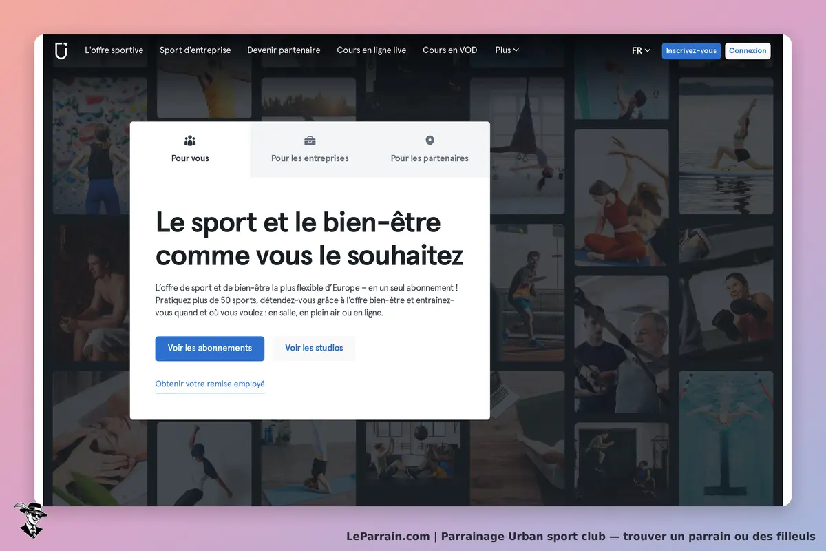 Urban sport club : page d'accueil avec texte sur le sport et le bien-être, options d'abonnement
