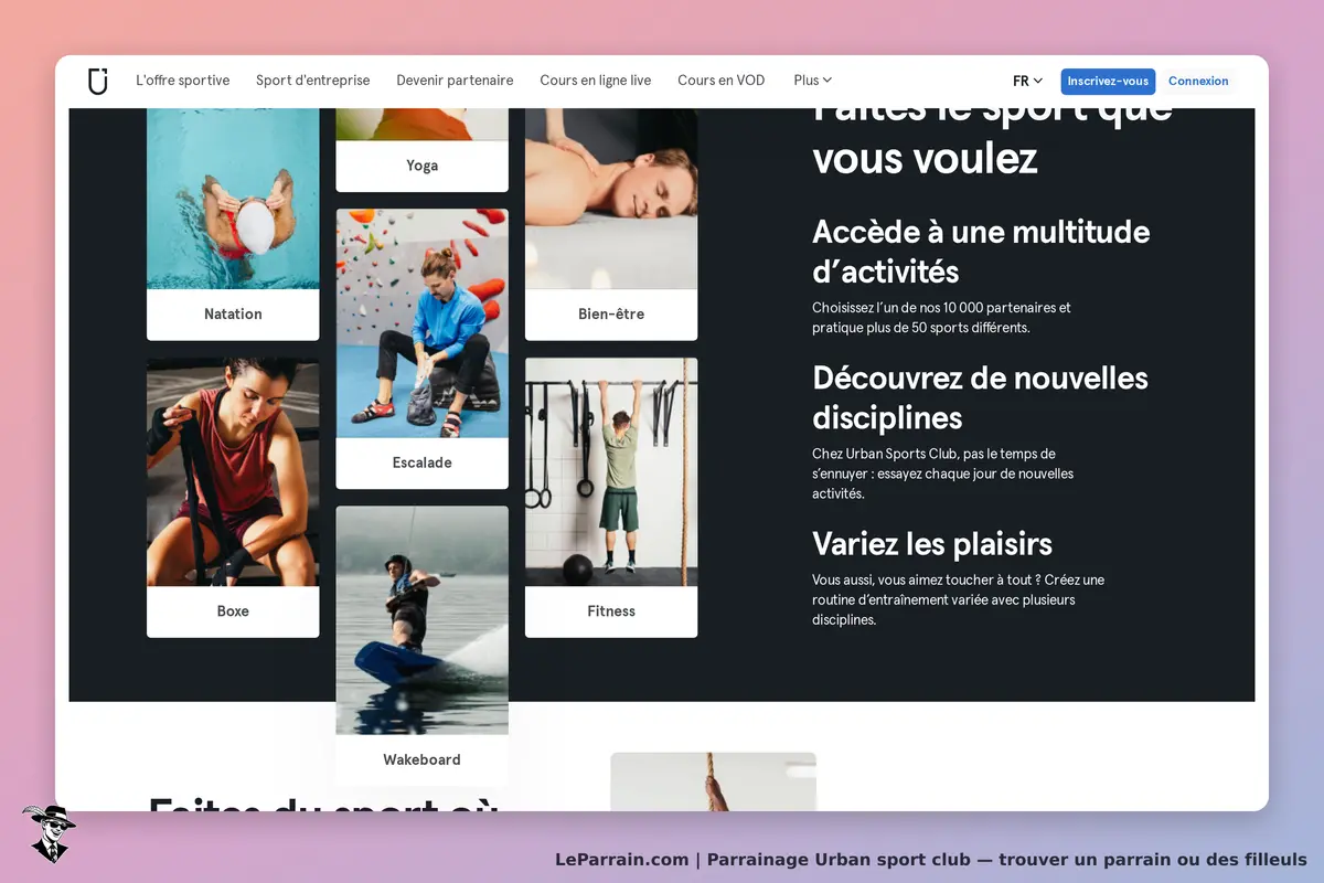 Urban Sport Club : page d'accueil avec diverses activités sportives et options de bien-être