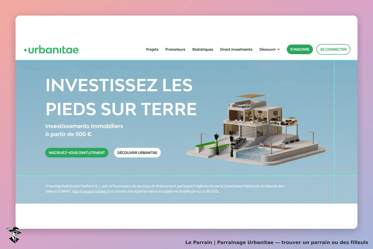 Urbanitae : page d'accueil présentant un projet immobilier avec une maison moderne et une piscine