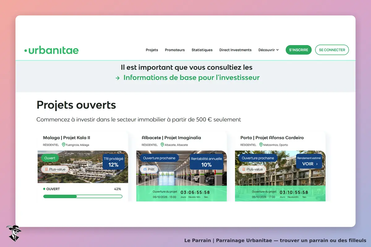 urbanitae : page d'accueil montrant des projets immobiliers ouverts avec détails et compte à