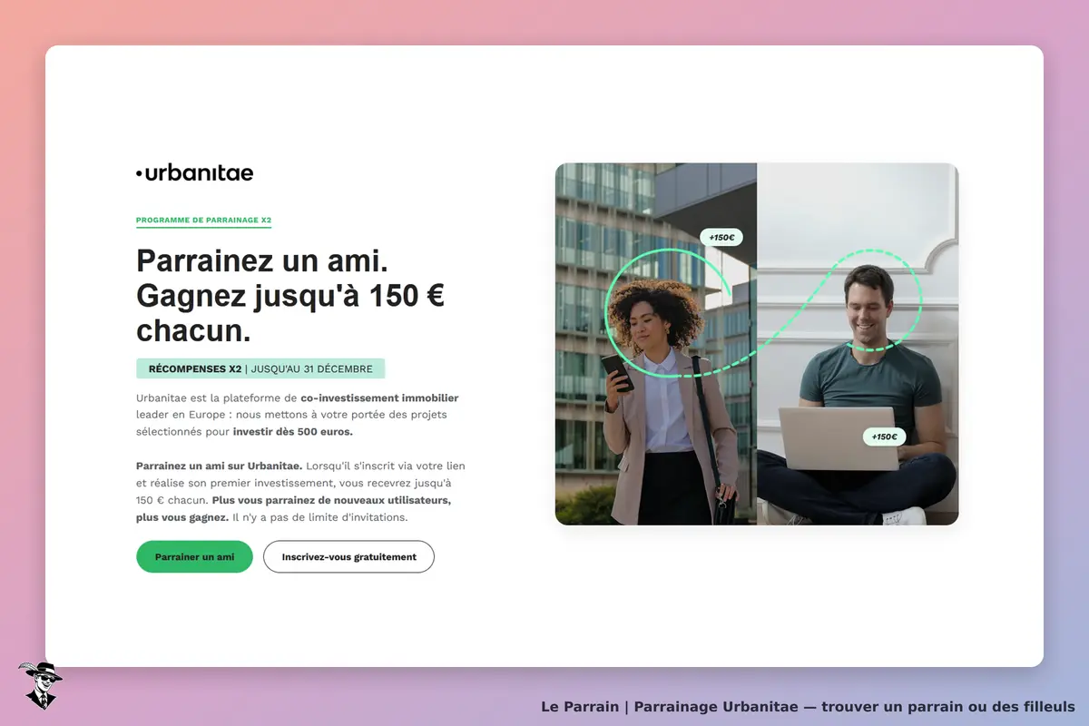 Urbanitae : page d'accueil présentant un programme de parrainage avec deux personnes utilisant des