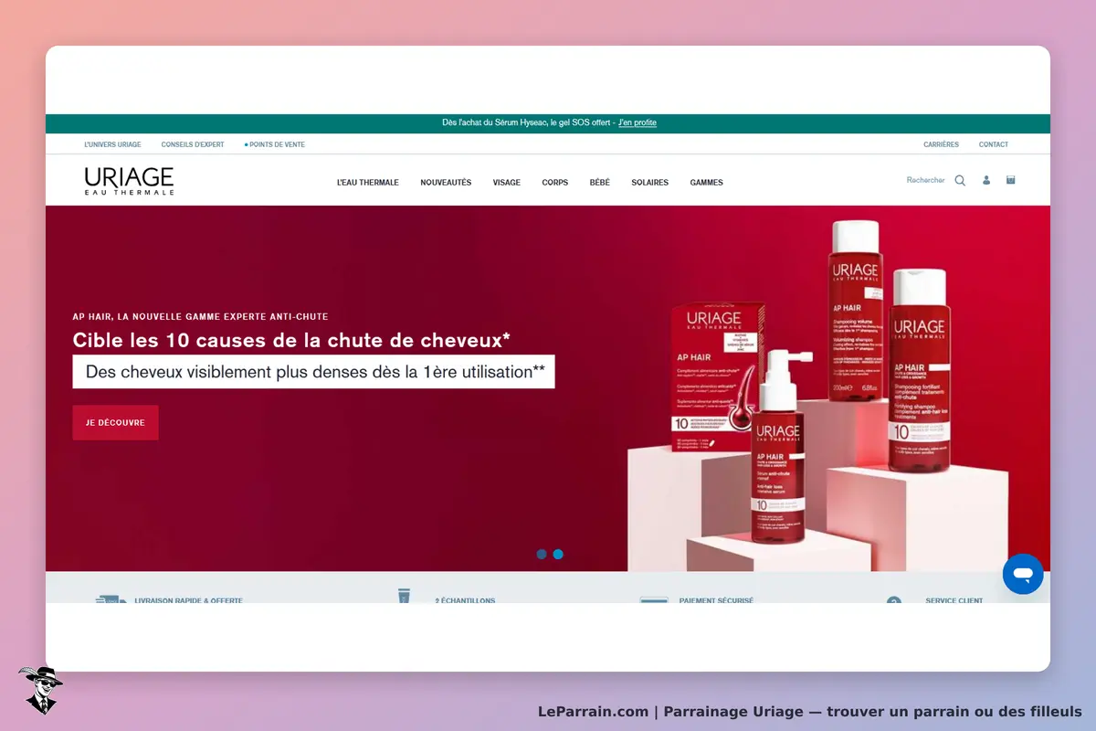 Uriage : page d'accueil avec produits de la gamme AP Hair sur fond rouge