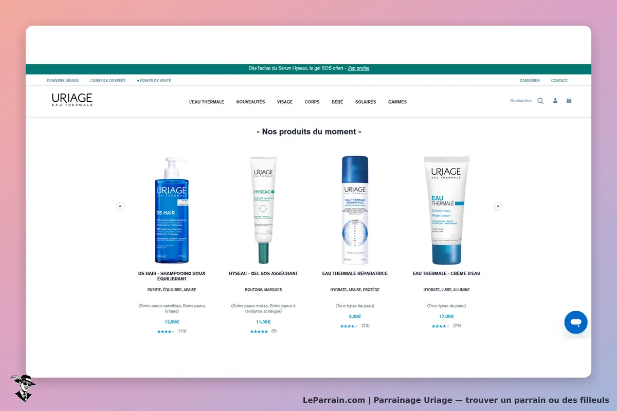 Uriage : page d'accueil avec quatre produits cosmétiques affichés et leurs descriptions