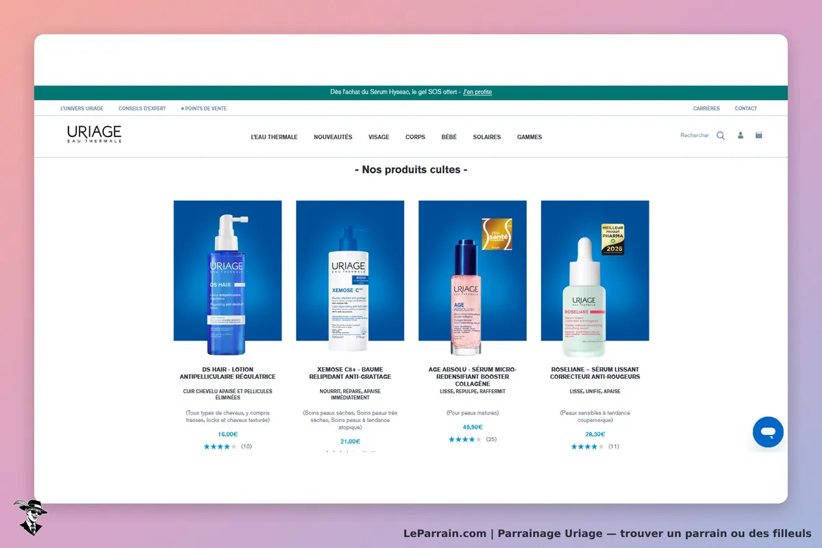 Uriage : présentation de produits cosmétiques avec notes et descriptions sur fond bleu