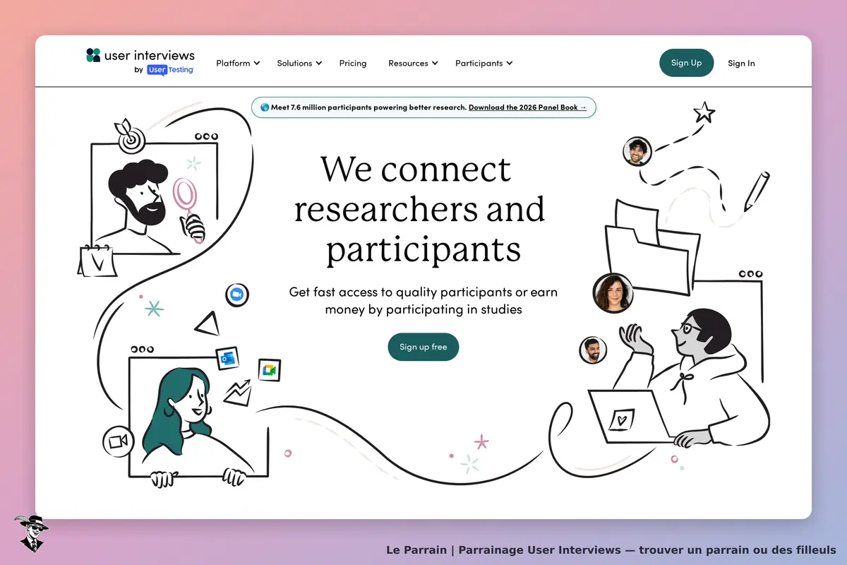 User Interviews : page d'accueil avec illustration de chercheurs et participants en interaction