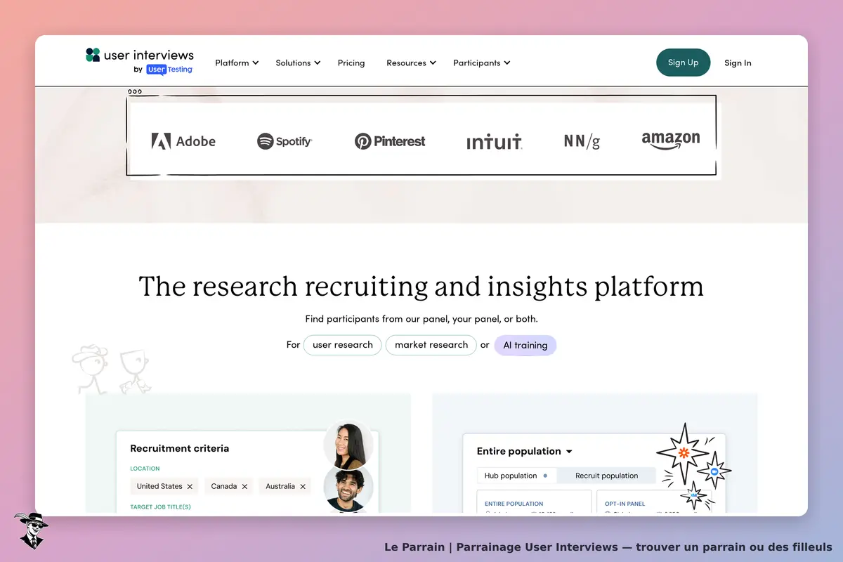 User Interviews : page d'accueil présentant la plateforme de recrutement et d'insights