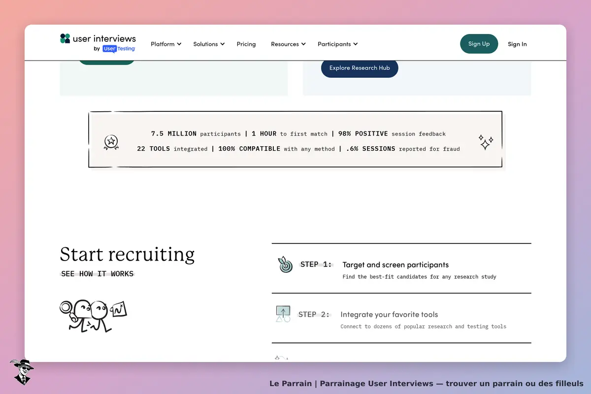 User Interviews : page d'accueil avec étapes pour recruter des participants et statistiques