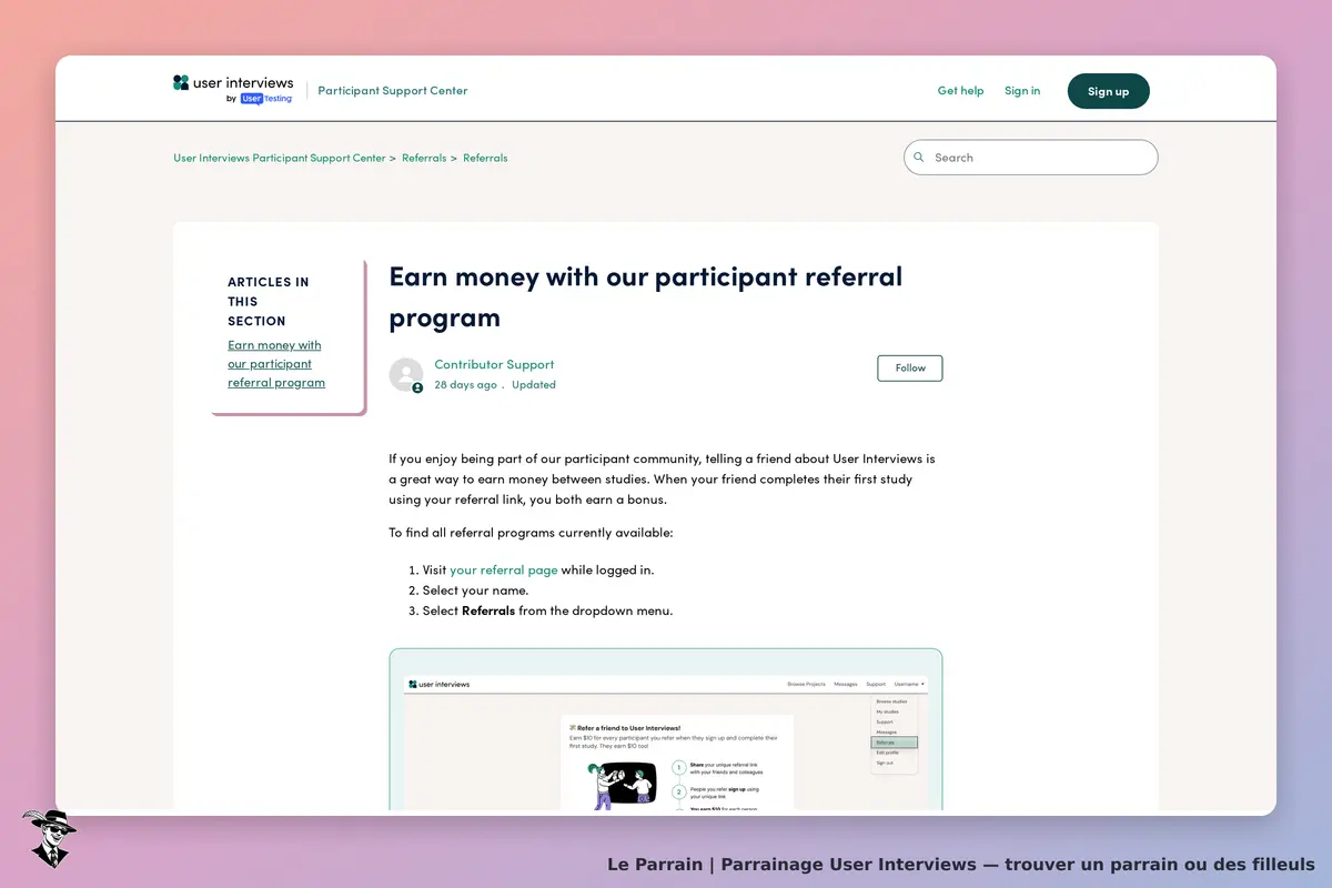 User Interviews : page d'accueil du centre de support avec section sur le programme de parrainage