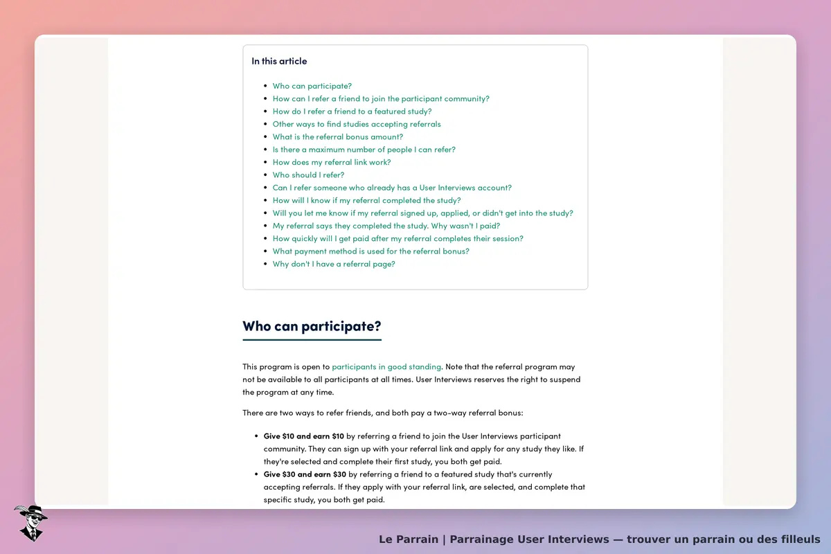 User Interviews : section FAQ sur la participation et le programme de parrainage