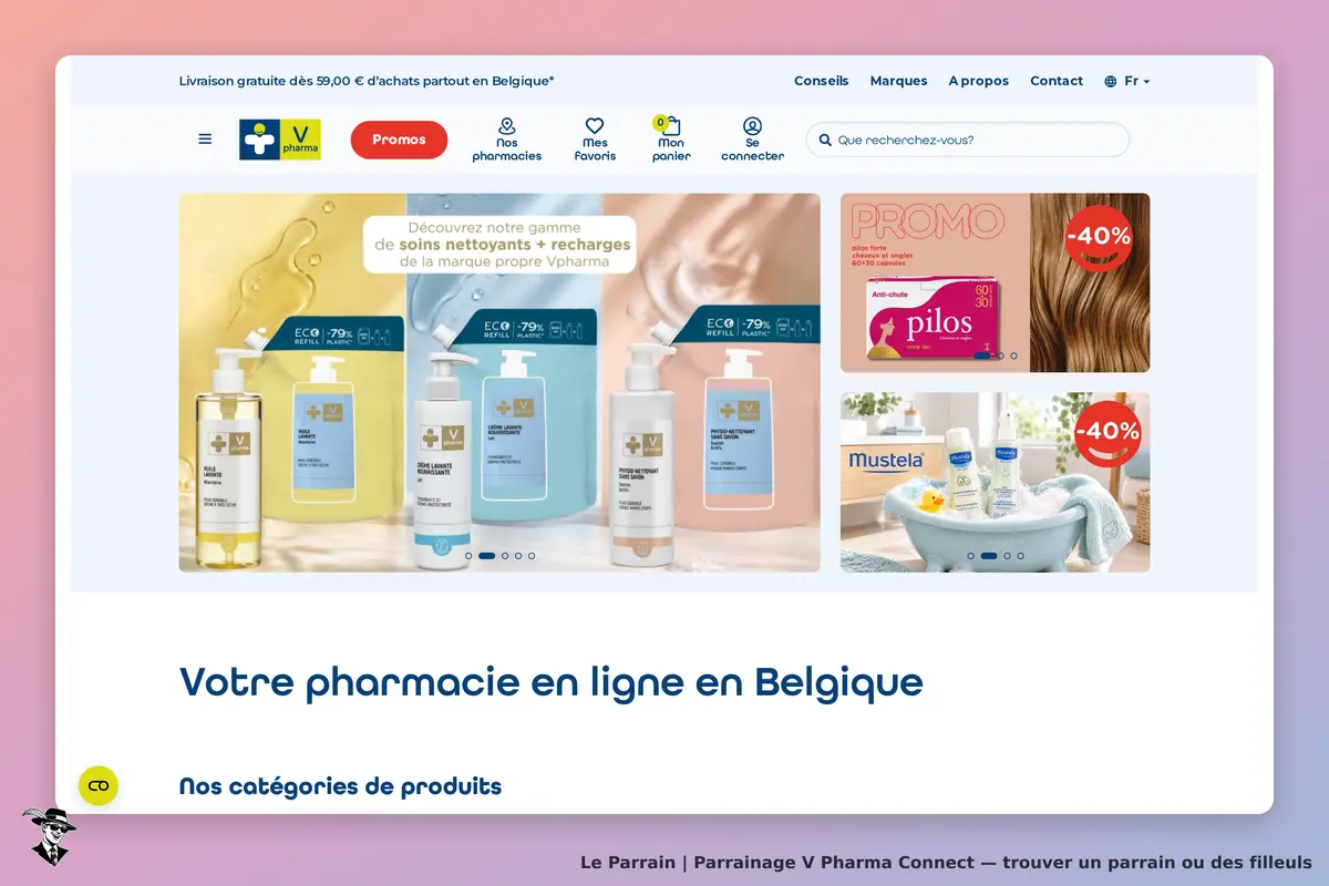 V Pharma Connect : page d'accueil avec divers produits de soins et promotions affichées