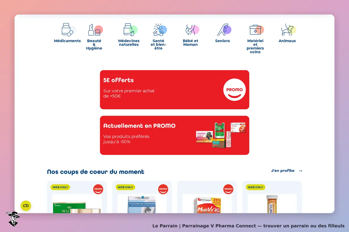 V Pharma Connect : page d'accueil avec catégories, promotions et coups de cœur du moment