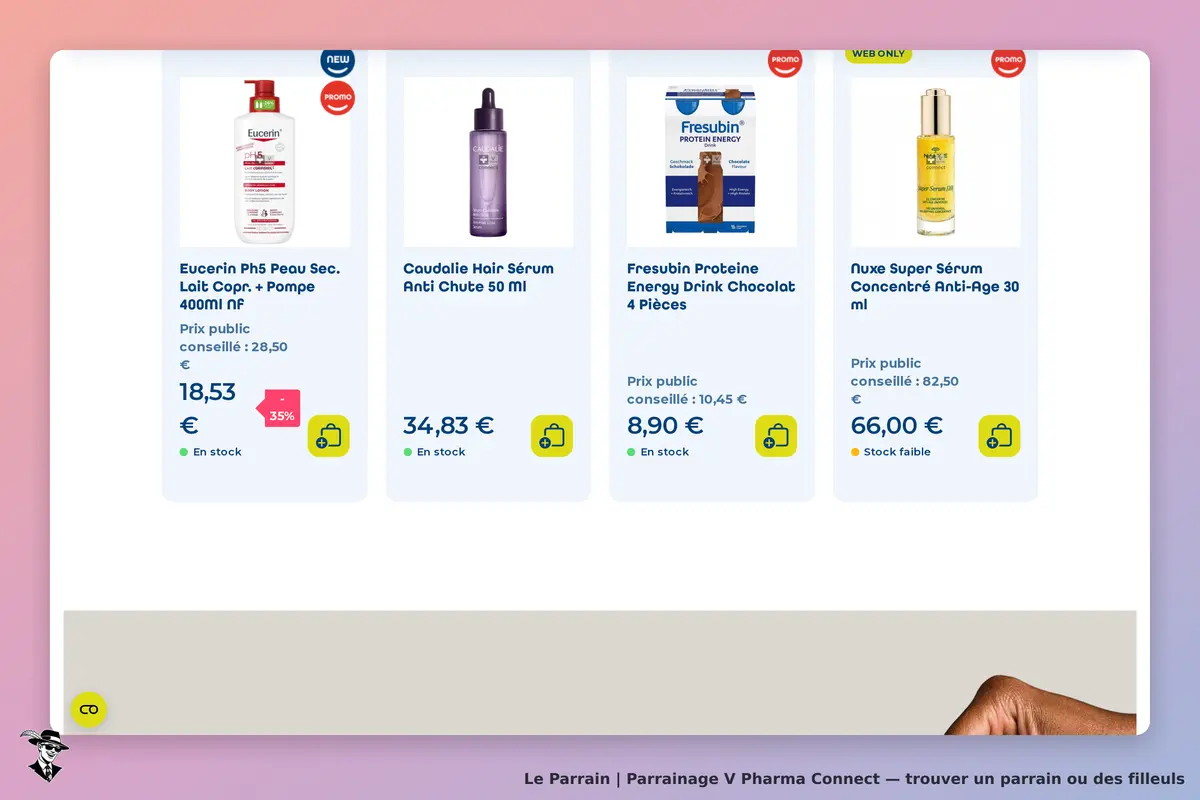 V Pharma Connect : page d'accueil affichant divers produits de santé et de beauté