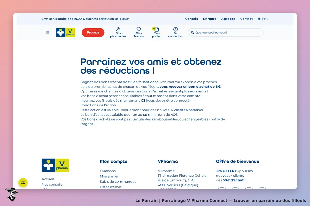 V Pharma Connect : page d'accueil avec informations sur le parrainage et les réductions