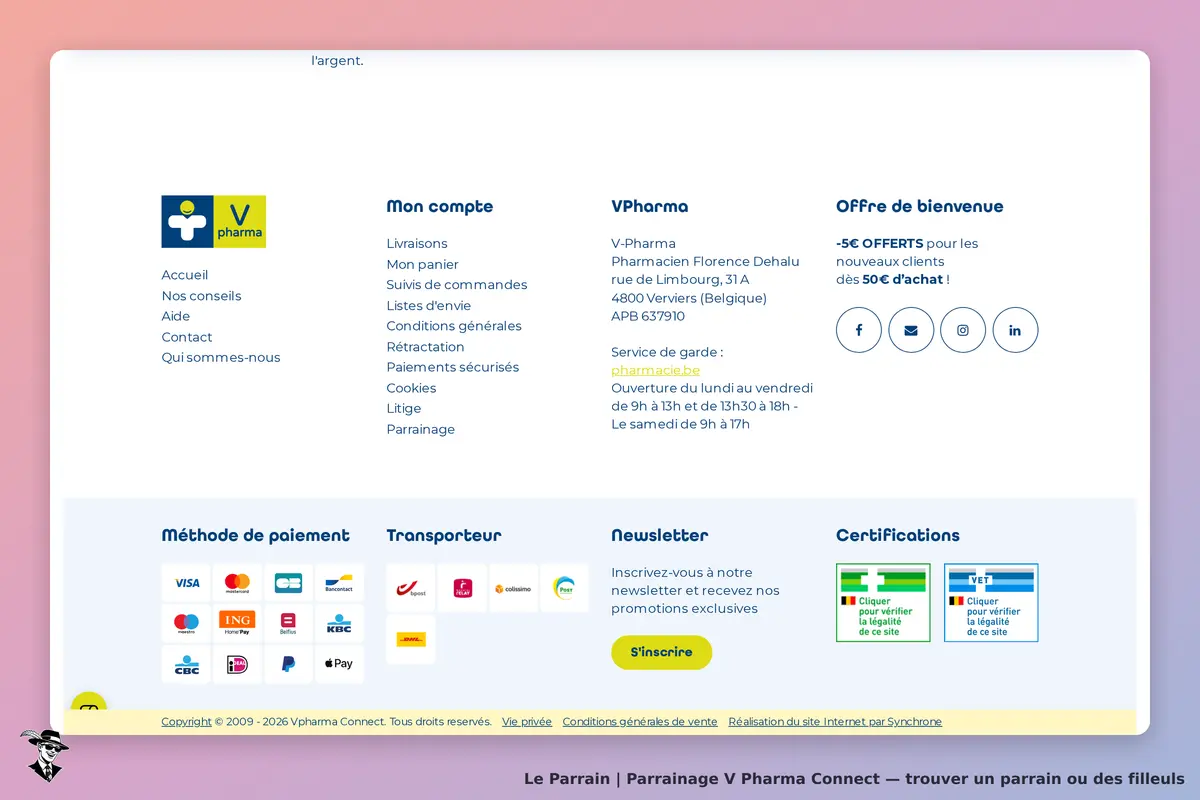 V Pharma Connect : pied de page avec informations sur le compte et méthodes de paiement