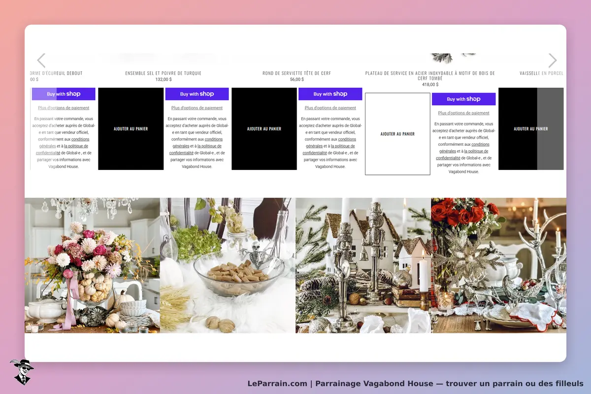 Vagabond House : produits variés avec images de décoration et options d'achat en ligne