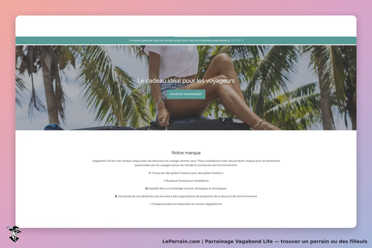 Vagabond Life : page d'accueil avec une femme assise sur un sac, décor tropical en arrière-plan