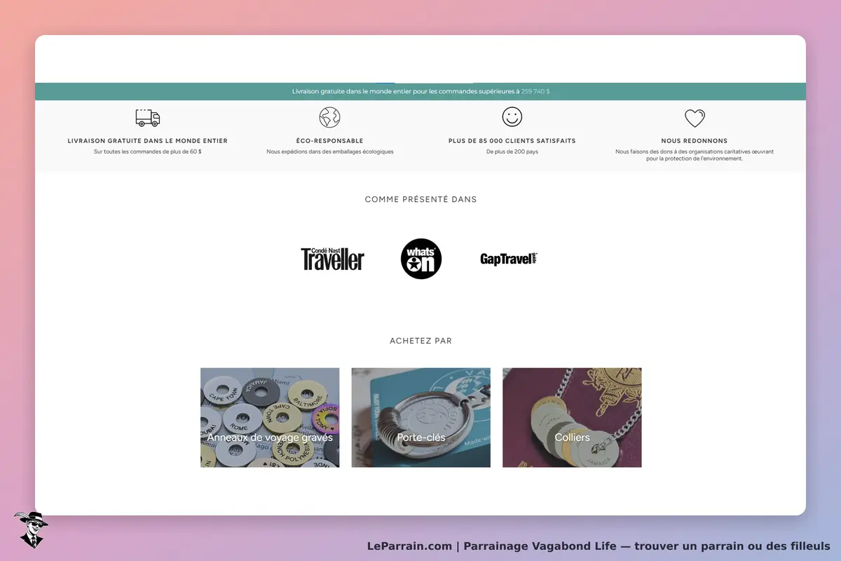 Vagabond Life : section présentant des produits et logos de médias associés en bas de page