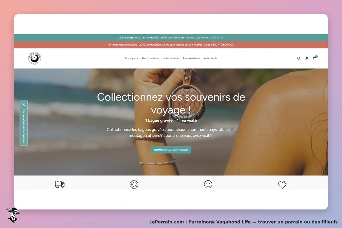 Vagabond Life : page d'accueil avec une femme tenant un bijou sur fond de plage