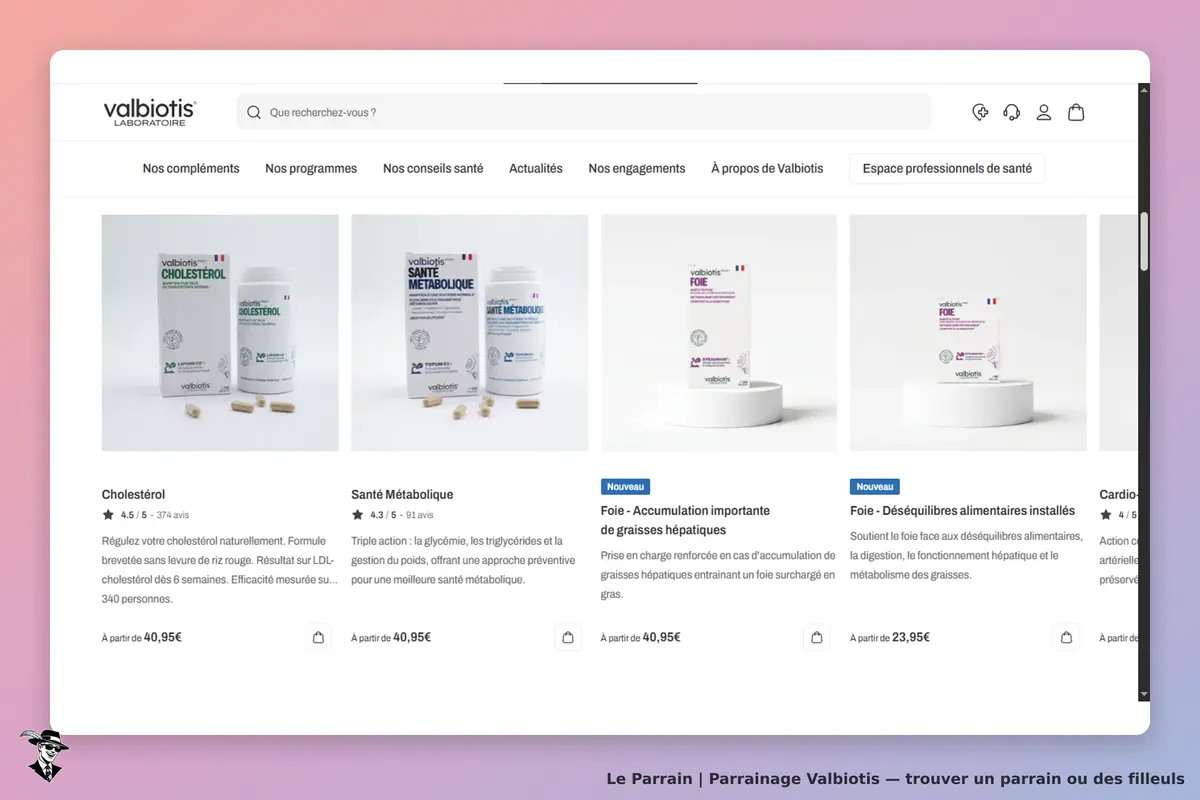 Valbiotis : page d'accueil présentant divers compléments alimentaires et leurs descriptions