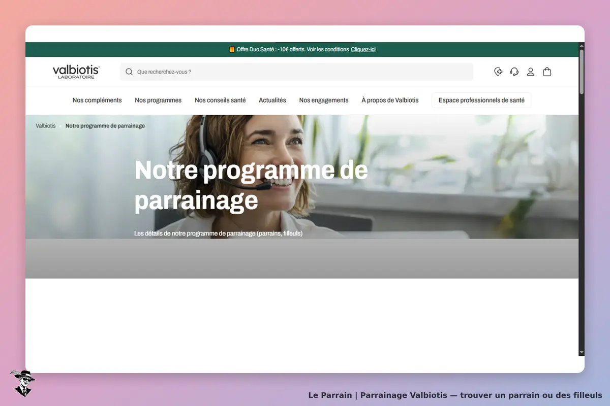 Valbiotis : page d'accueil présentant le programme de parrainage avec une femme souriante