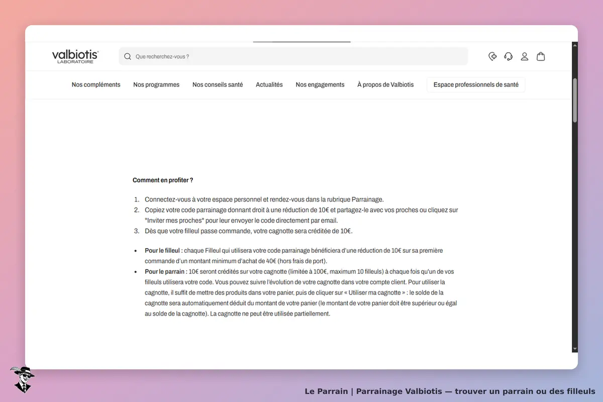 Valbiotis : page expliquant comment profiter du programme de parrainage avec étapes détaillées