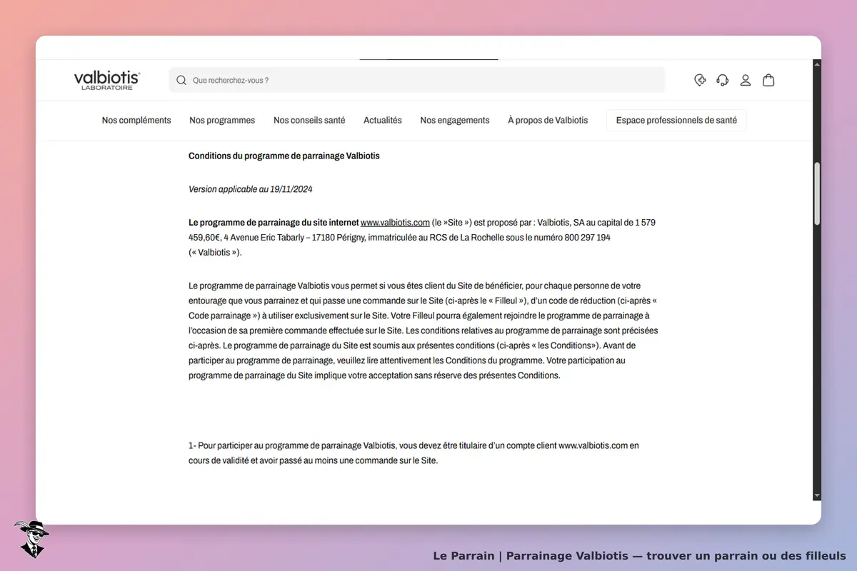 Valbiotis : conditions du programme de parrainage affichées sur la page d'accueil du site