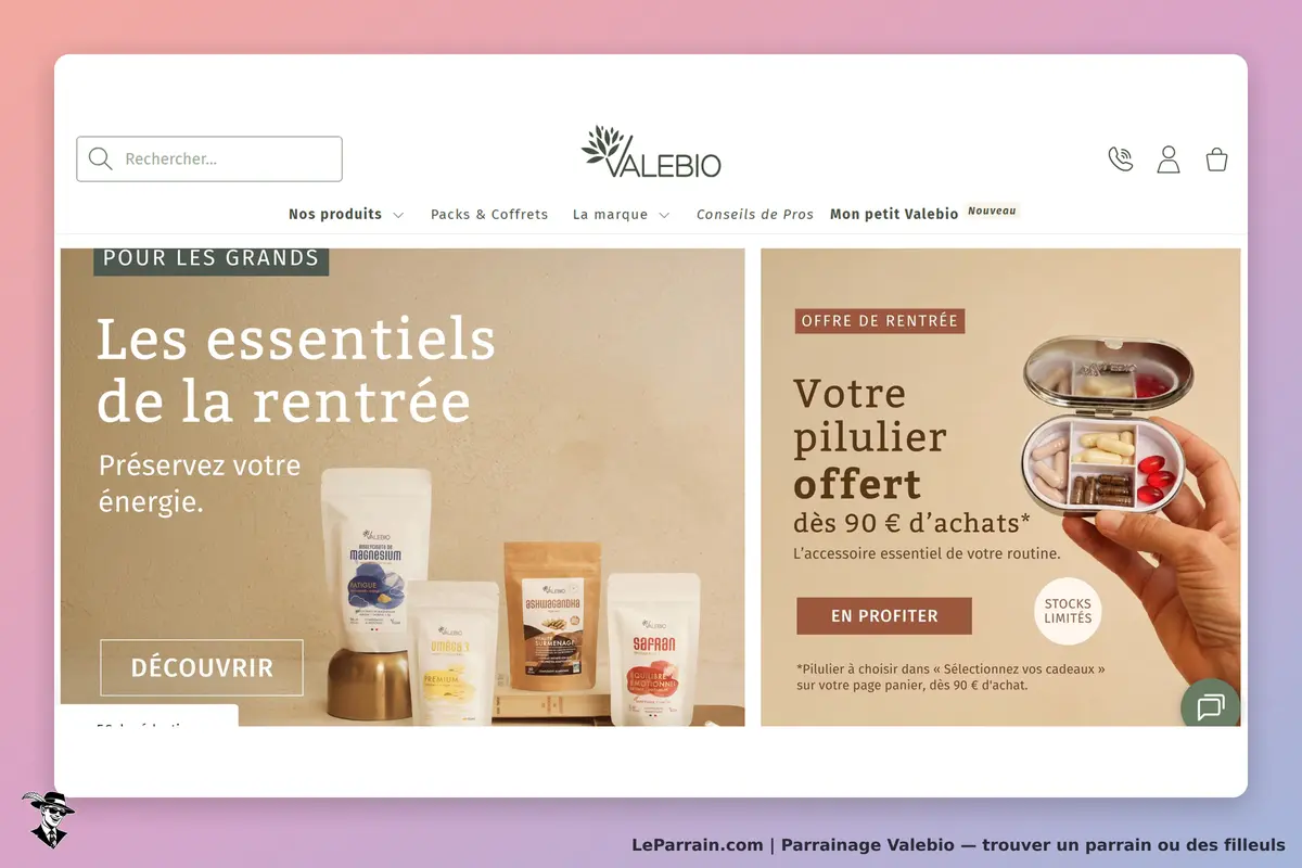 Valebio : page d'accueil présentant des produits de santé et une offre de rentrée