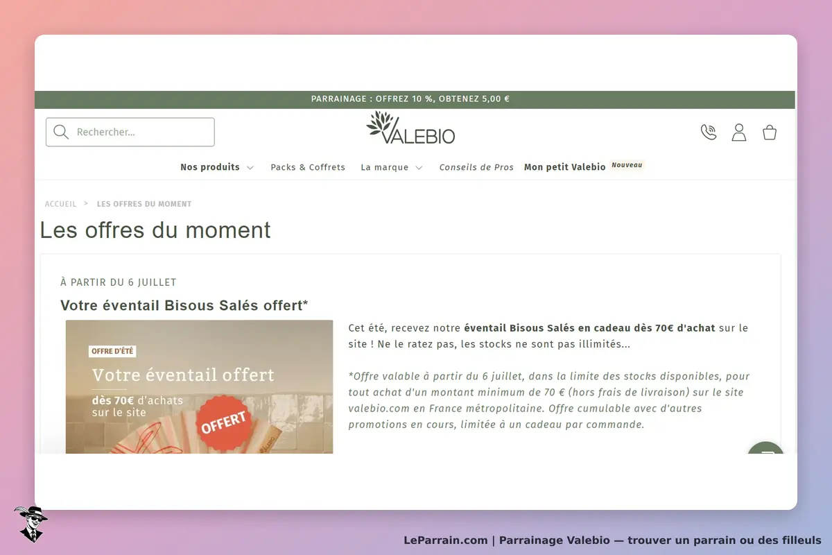 Valebio : page d'accueil présentant les offres du moment avec un éventail en promotion