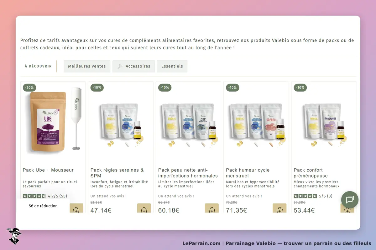 Valebio : affichage de packs de compléments alimentaires avec réductions et évaluations