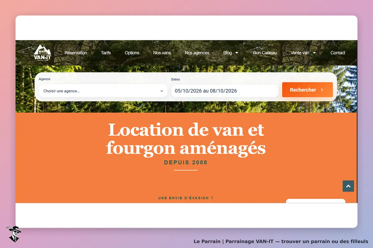 VAN-IT : page d'accueil avec formulaire de réservation et texte sur la location de vans